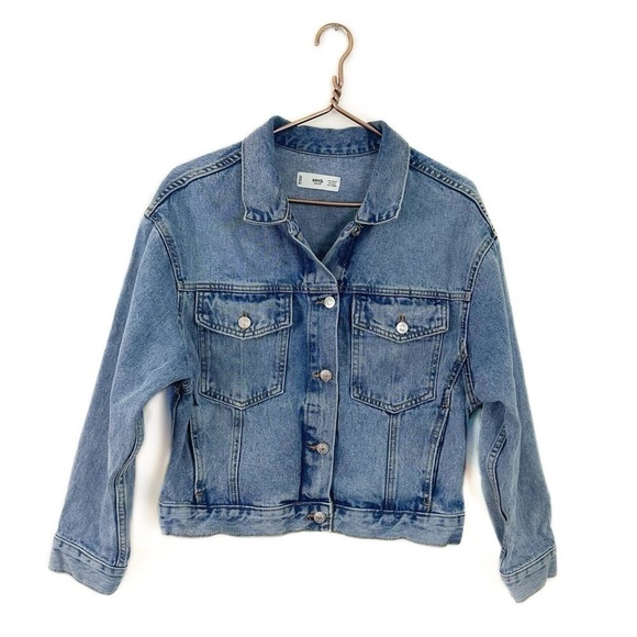 MNG Mango Loose Fit Oversized Mom Fit Denim Trucker Jacket Womens XS - Picture 1 of 5